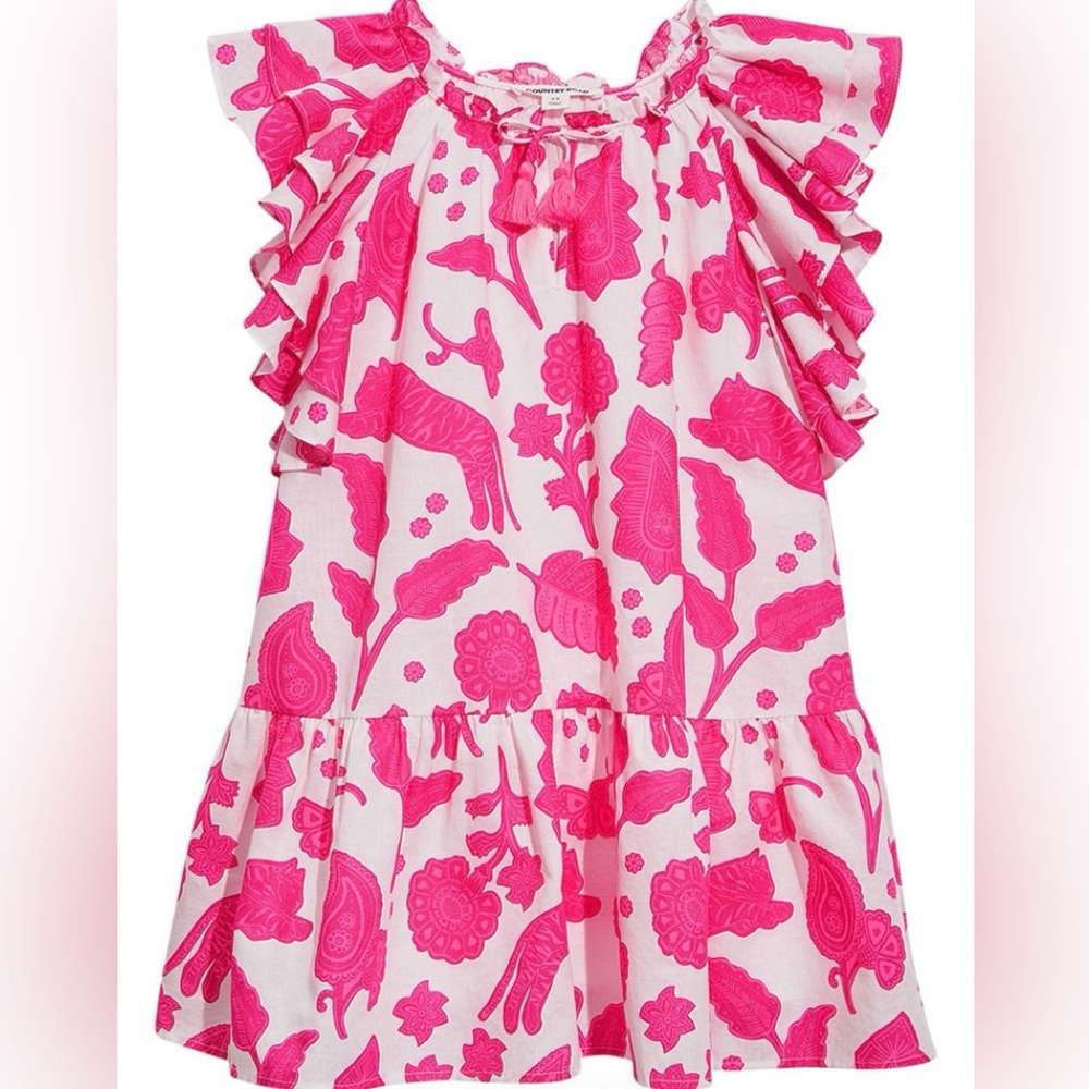 Country Road Little Girls Multi Stamp Linen Blend Dress Frills Ruffles Size 10